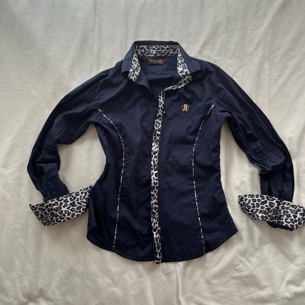 Robert Cavalli Navy Blue Leopard Print Button-up Blouse